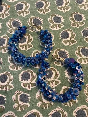 Lisi Lerch Blue Beaded Hoop Earrings - Floral Sequin Design